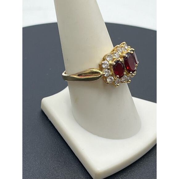 Vintage Vermeil Sterling Triple Oval Garnet Trilogy Engagement Ring Cz Diamond - Picture 3 of 11
